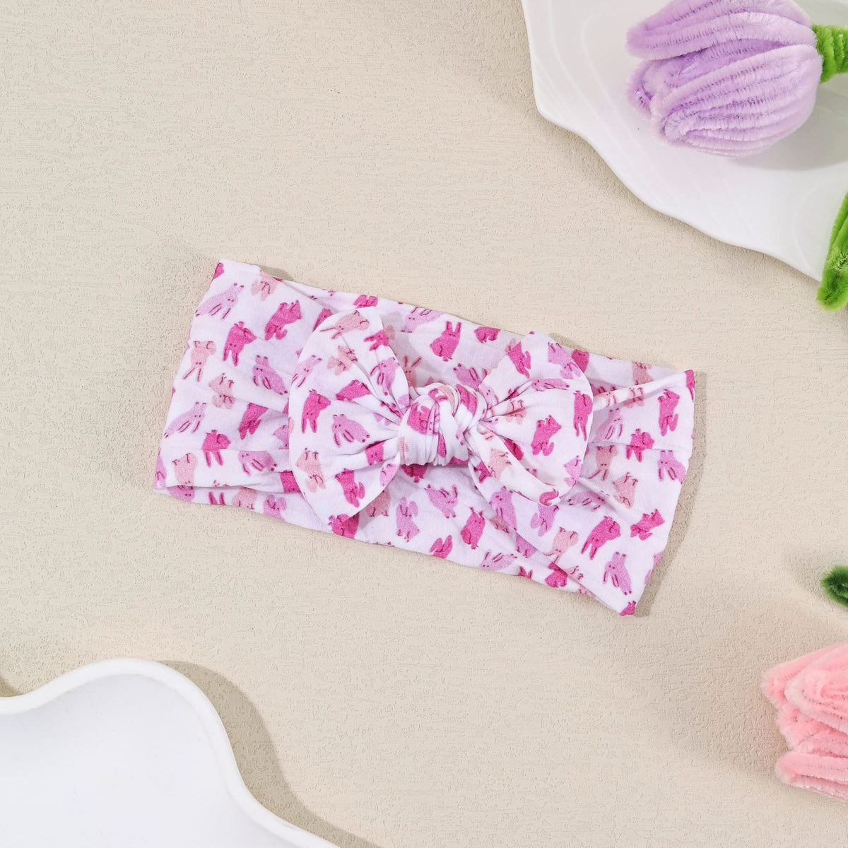 Bandeau bébé à nœud en nylon souple — 16 × 8 cm — coloris