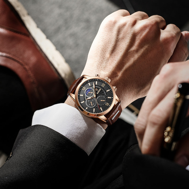 Montre homme multifonction à trois compteurs et bracelet cuir