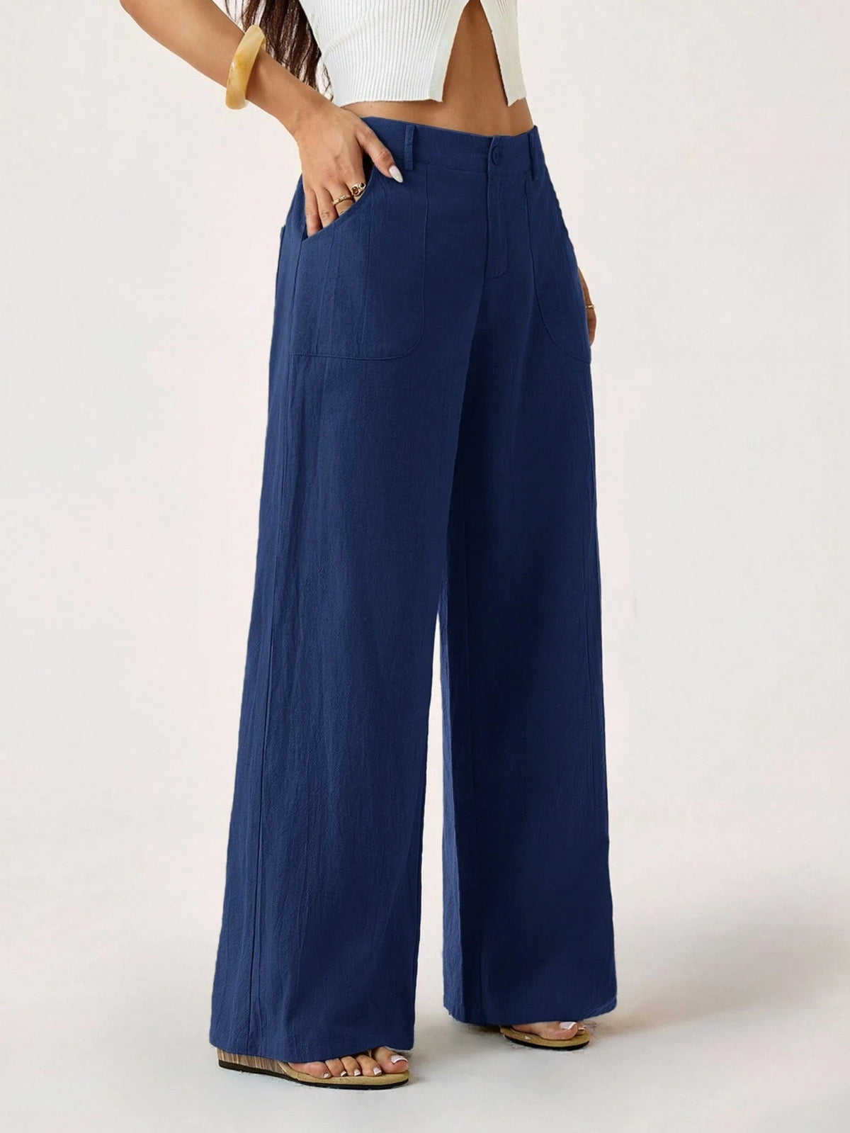 Pantalon large aspect coton-lin à poches plaquées