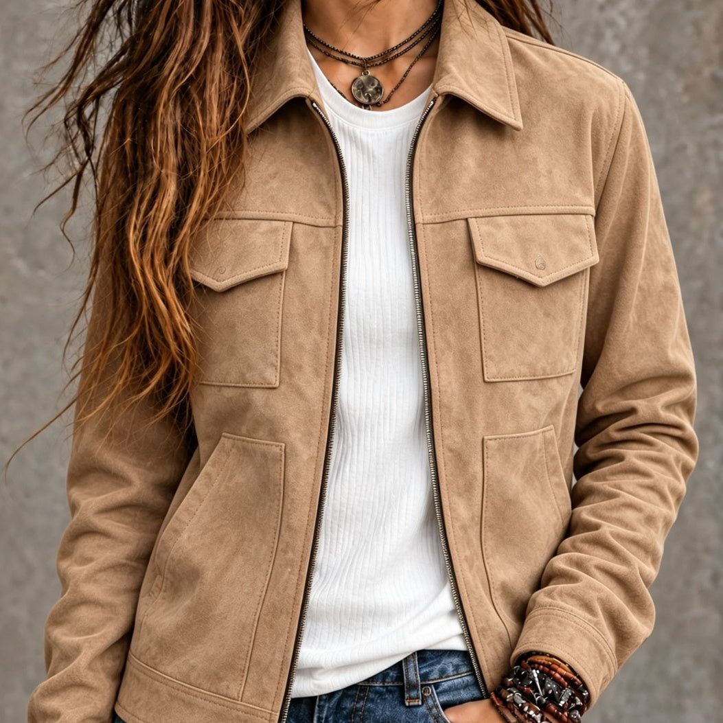 Veste zippée effet daim à poches poitrine — coupe droite