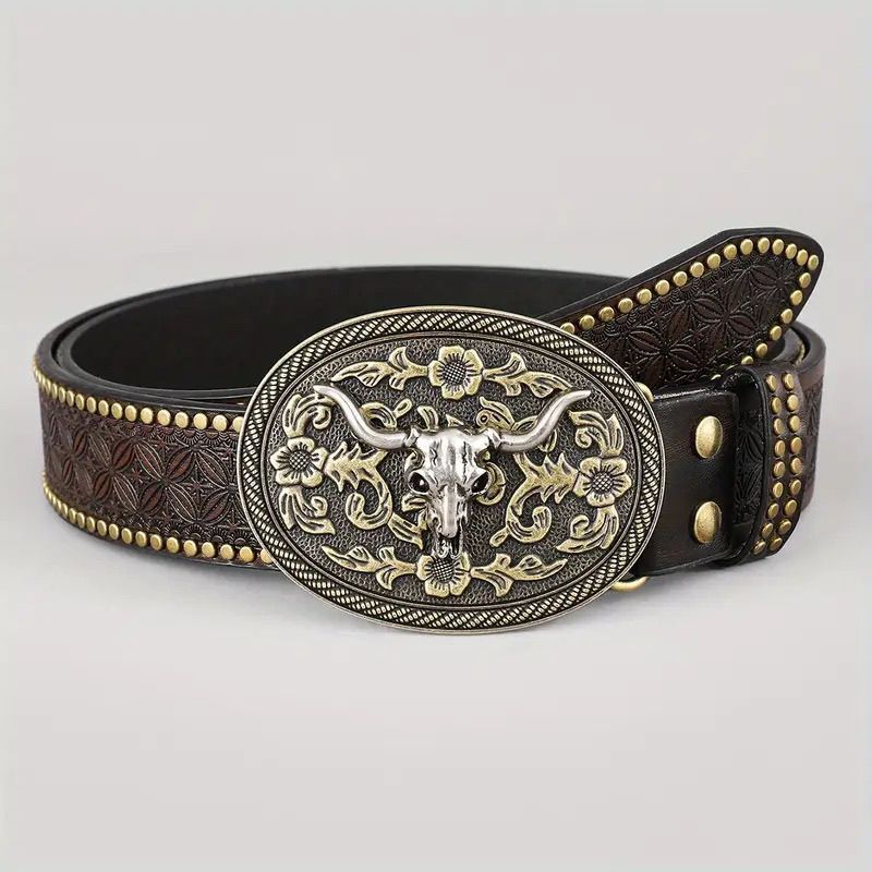 Ceinture homme en cuir clouté — gravure western, boucle appa — coloris