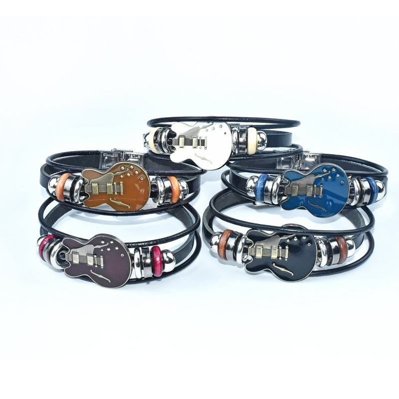 Bracelet homme en cuir véritable motif guitare — boucle en acier titane