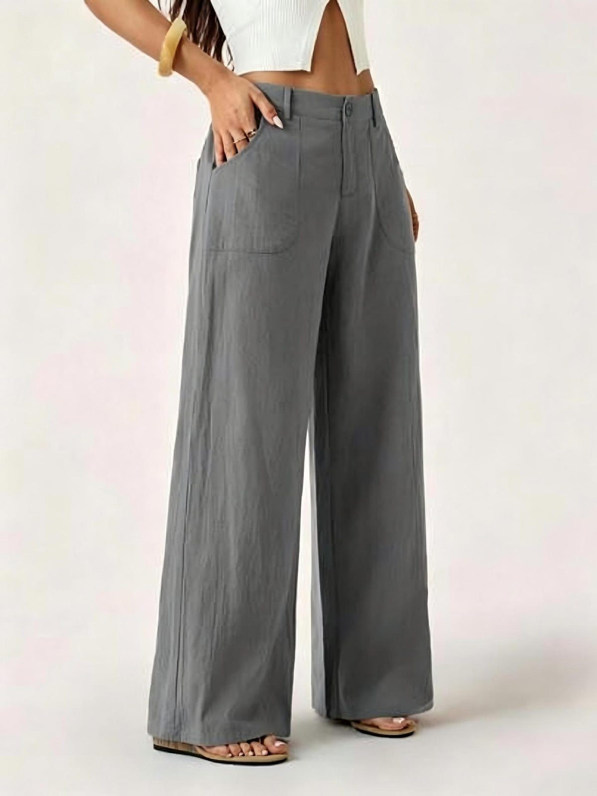 Pantalon large aspect coton-lin à poches plaquées