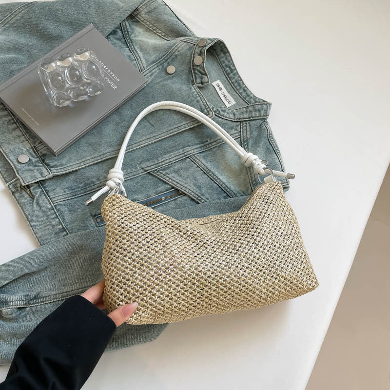 Sac d'épaule en paille tressée — anse nouée, poche intérieur — coloris
