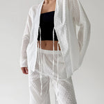 Ensemble d'intérieur en plumetis, veste ouverte et pantalon