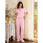 Pyjama long à col V et boutons noués, manches courtes — coloris