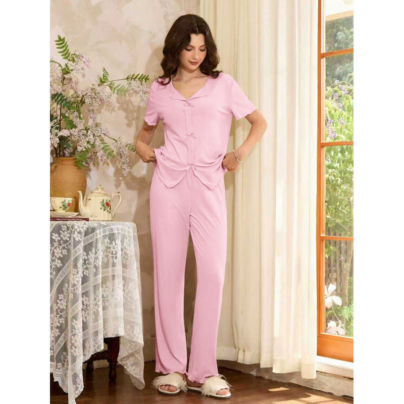 Pyjama long à col V et boutons noués, manches courtes — coloris