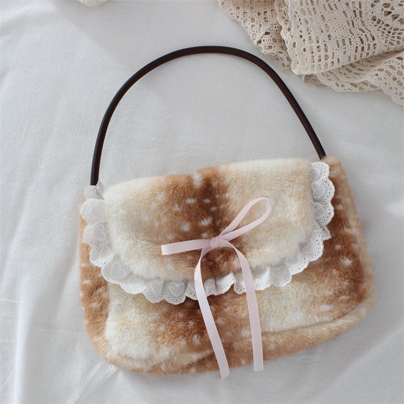 Sac à main en peluche motif faon — rabat en dentelle et nœud — coloris