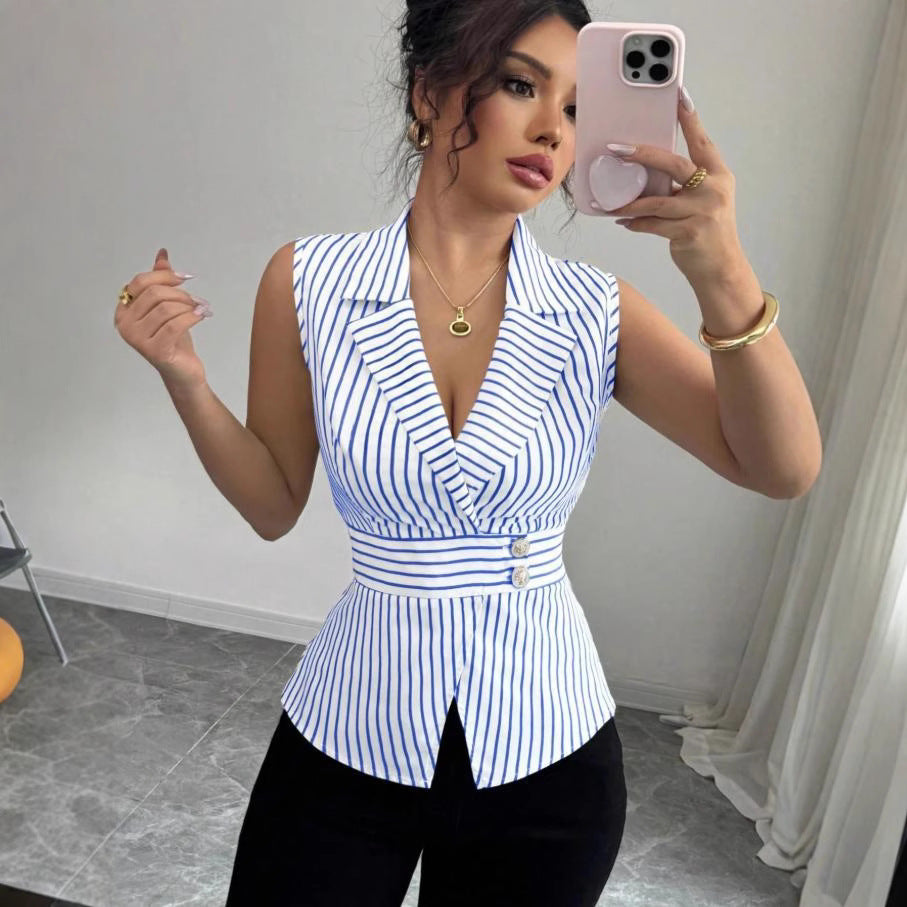 Top sans manches à col cranté, taille drapée