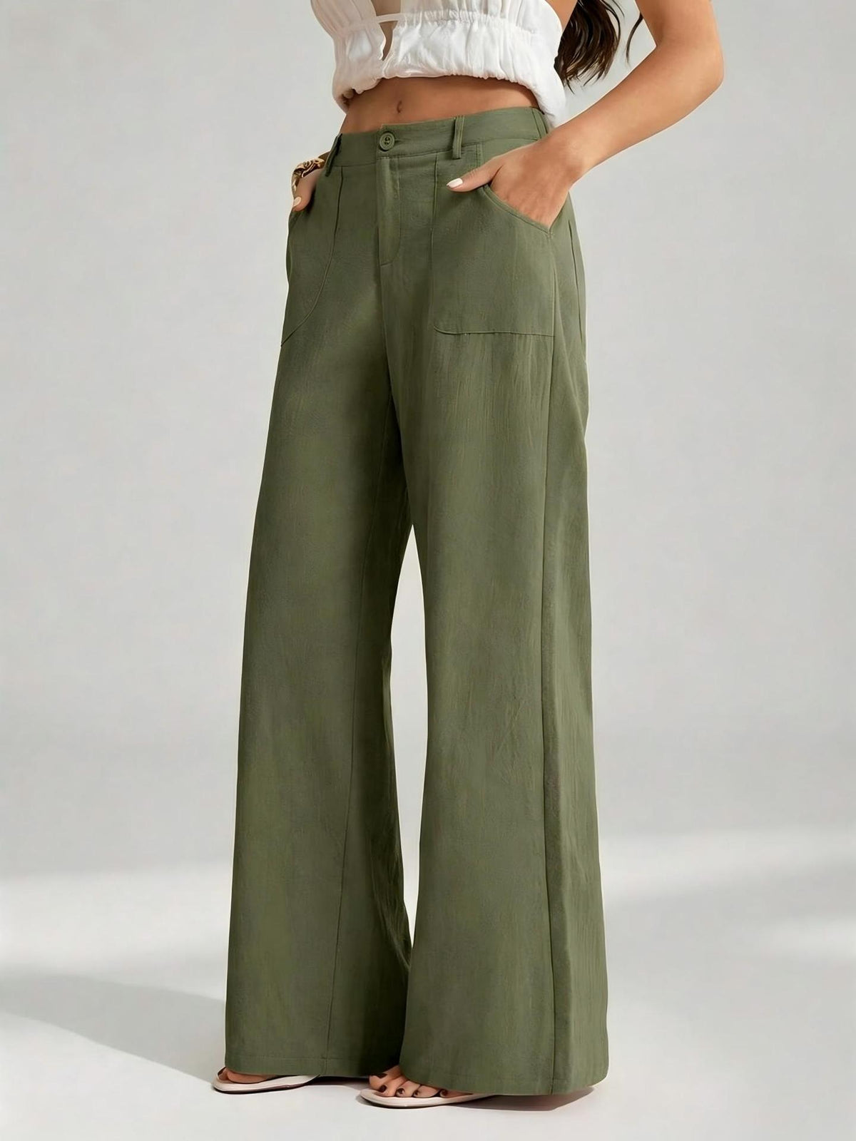 Pantalon large aspect coton-lin à poches plaquées — coloris