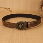 Ceinture western homme en simili cuir repoussé, boucle tête de taureau