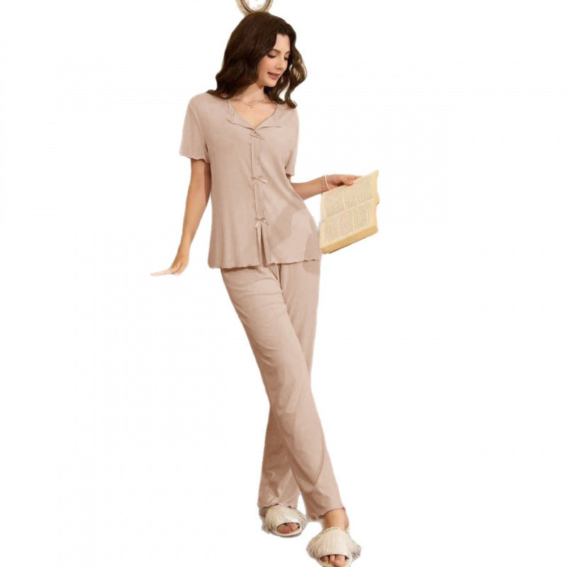 Pyjama long à col V et boutons noués, manches courtes