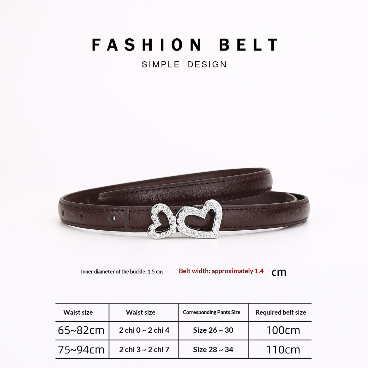 Ceinture fine en cuir, boucle deux cœurs sertis — coloris