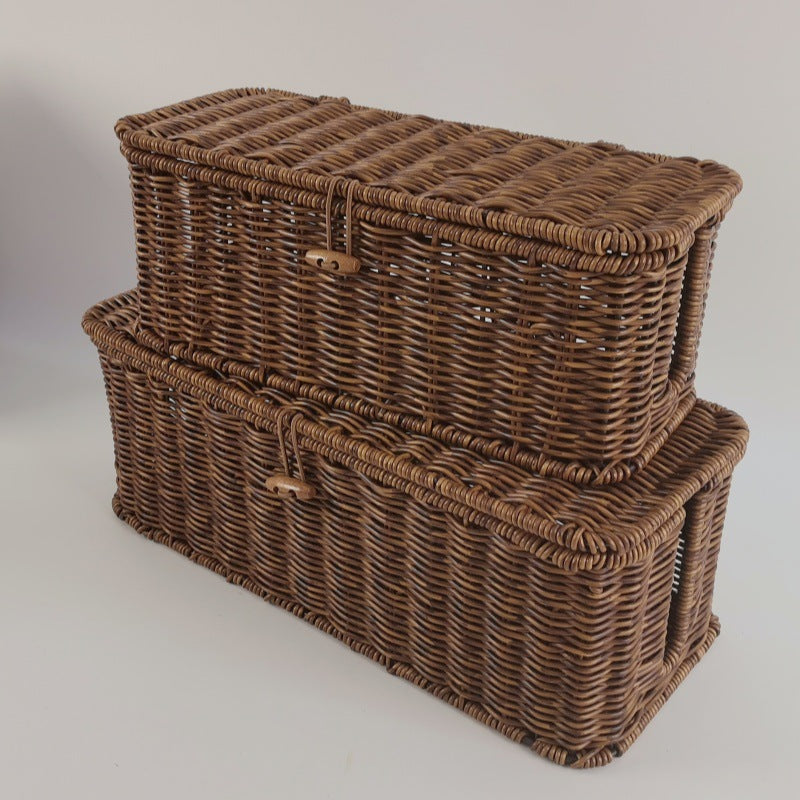 Panier de rangement à couvercle, effet rotin tressé
