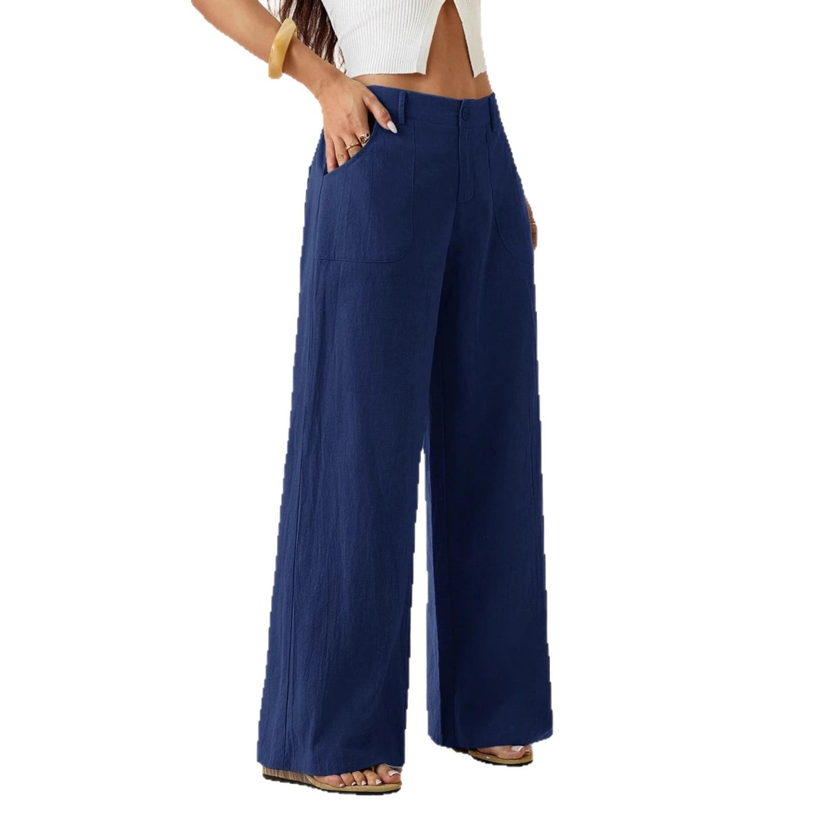 Pantalon large aspect coton-lin à poches plaquées