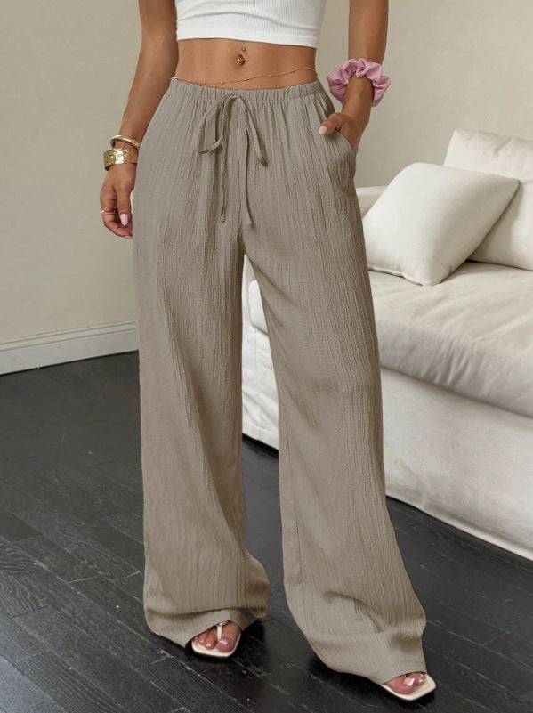 Pantalon large en gaze froissée, taille à cordon