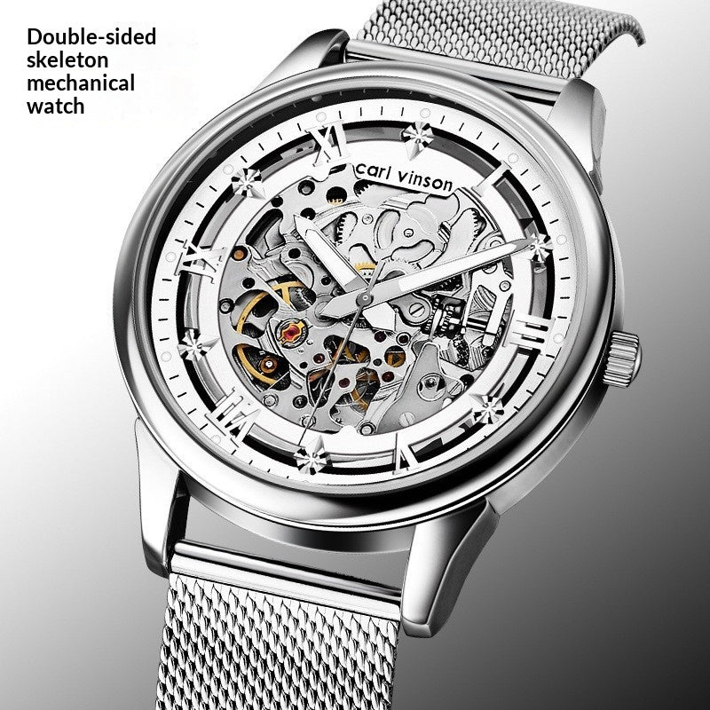 Montre automatique à cadran squelette et bracelet acier maillé