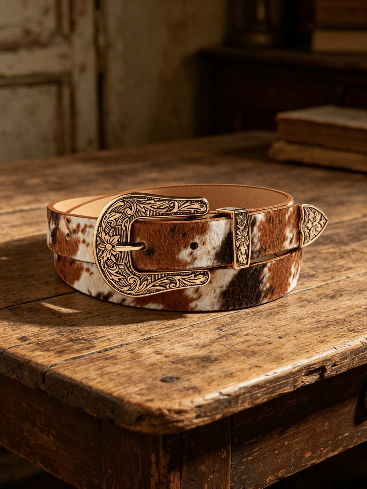 Ceinture femme en poil ras, boucle western dorée
