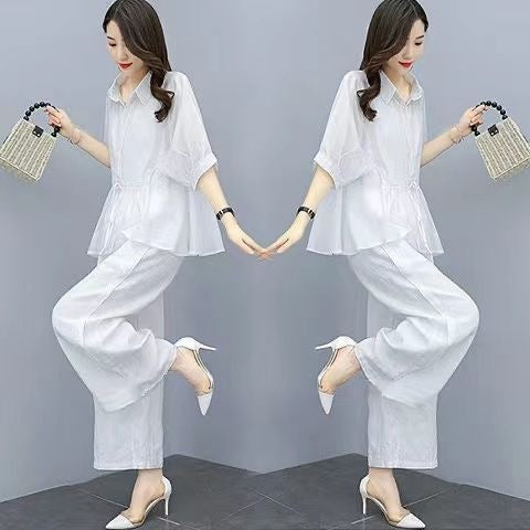 Ensemble 2 pièces grande taille — lin mélangé, pantalon larg — coloris