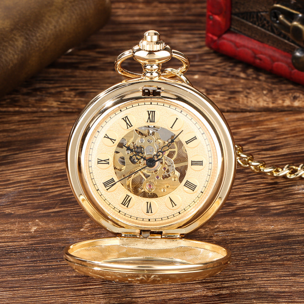 Montre de poche dorée à remontage manuel, décor gravé