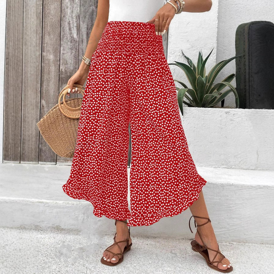 Pantalon large à pois, ourlet volanté