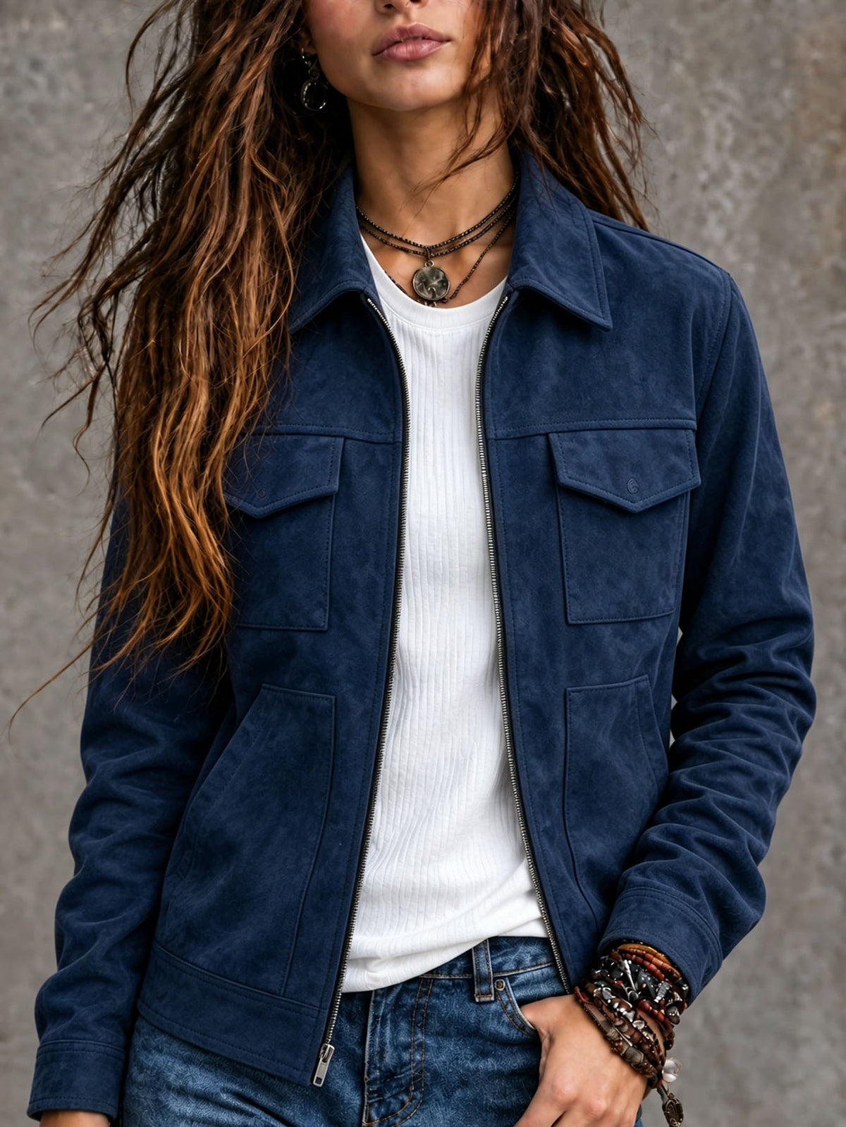 Veste zippée effet daim à poches poitrine — coupe droite — coloris