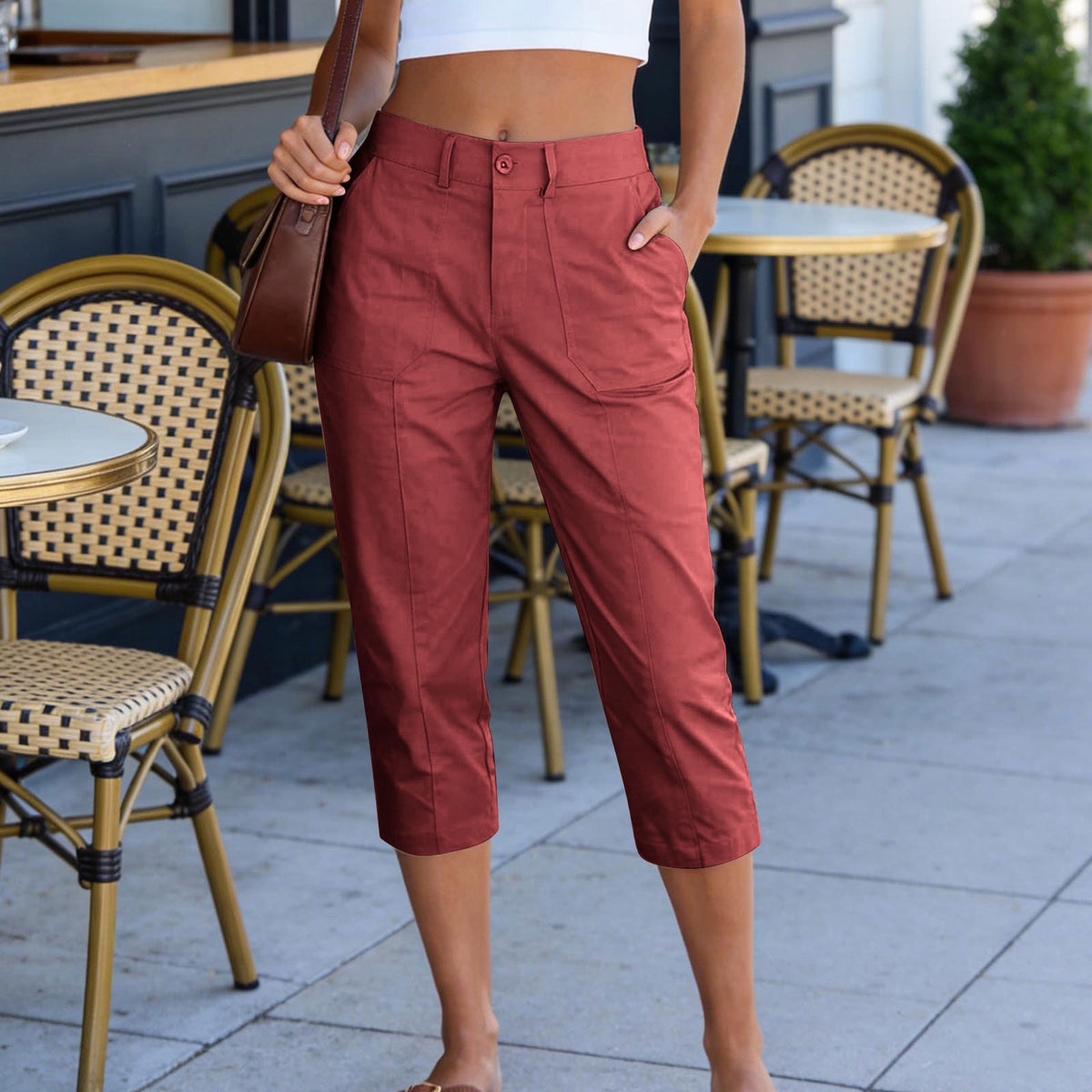 Pantalon femme taille haute à poches plaquées
