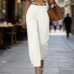 Pantalon à pinces taille haute — jambe large, ourlet boutonné