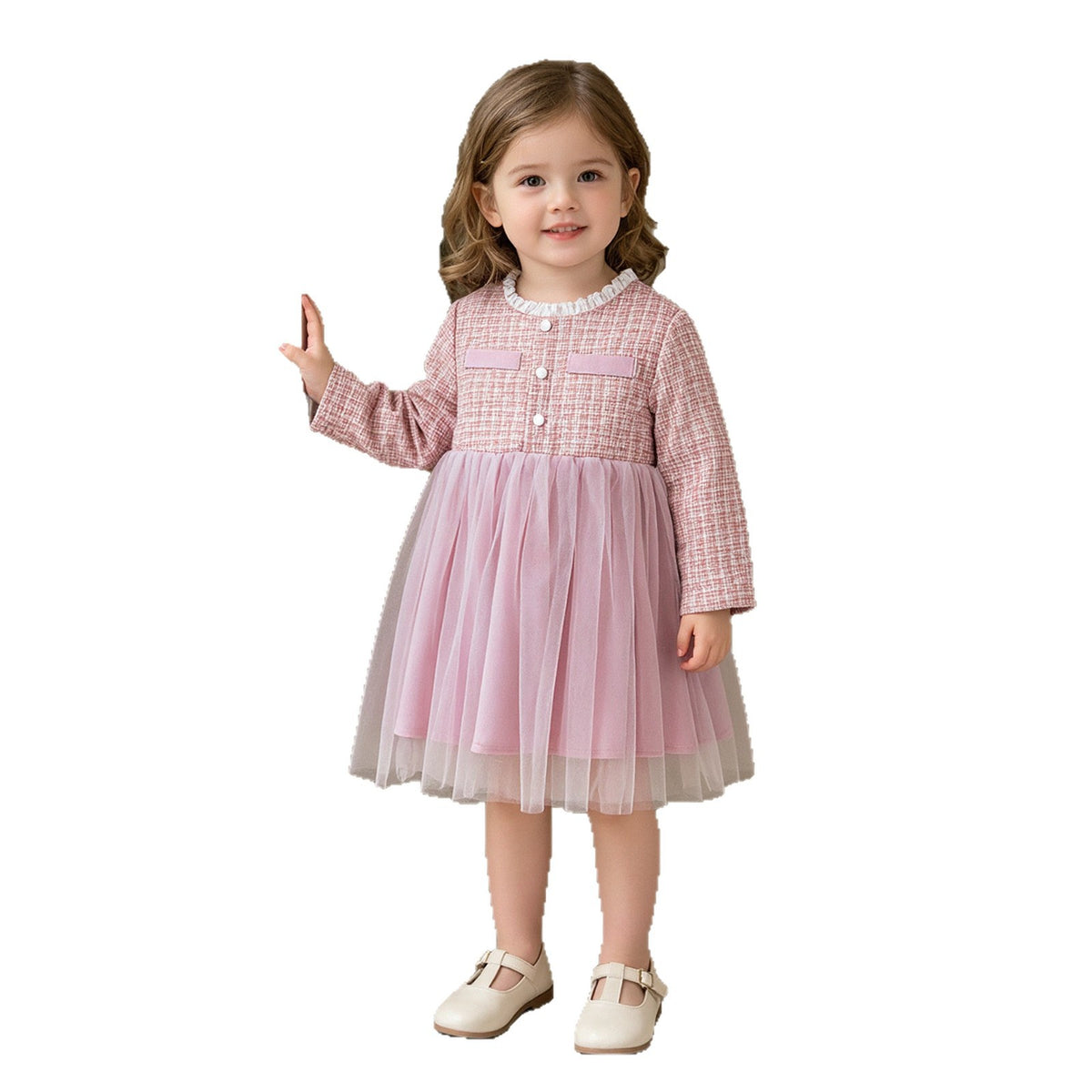 Robe bébé fille effet tweed et jupe en tulle — col en dentelle