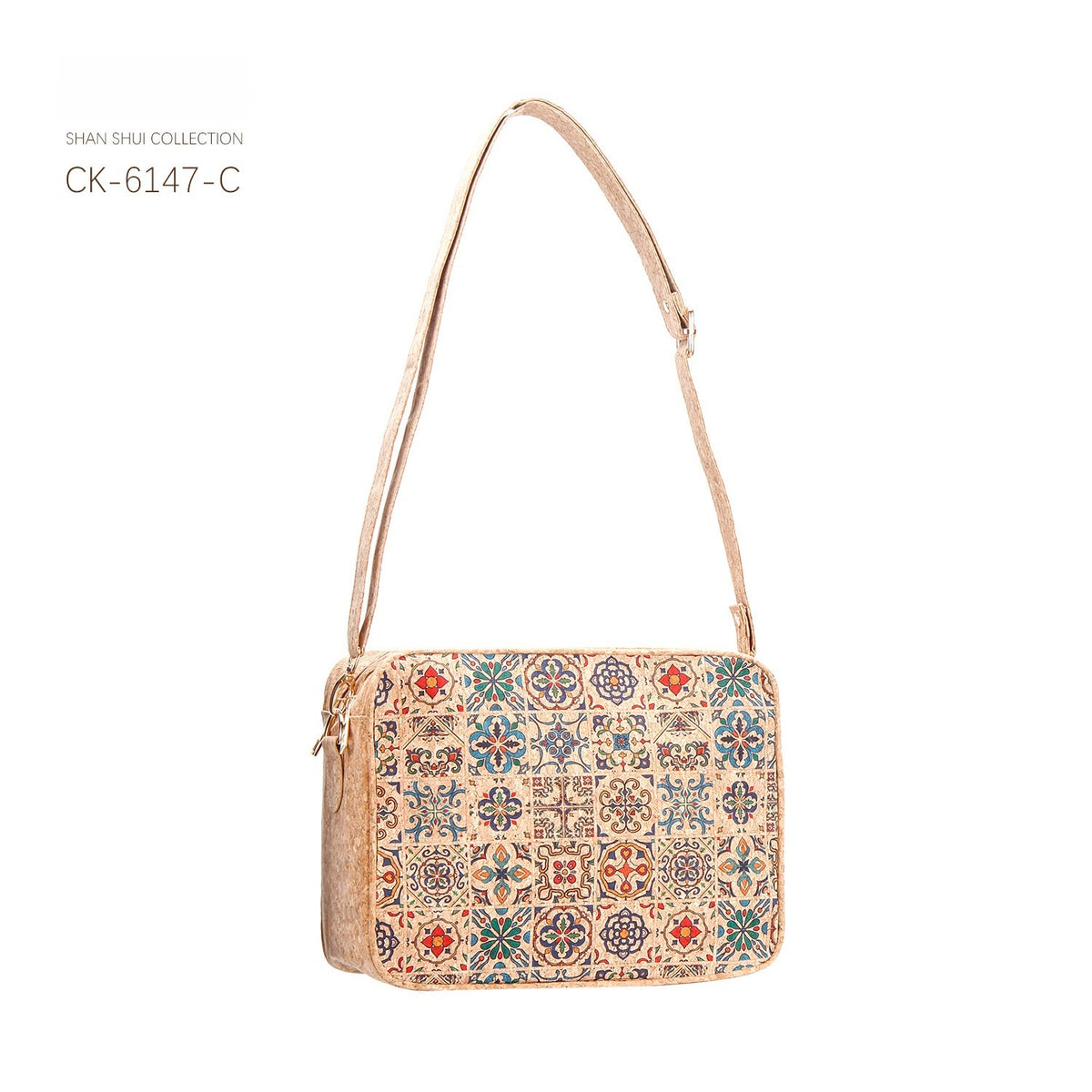 Sac bandoulière en liège imprimé — compartiment zippé — coloris