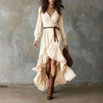 Robe longue portefeuille à volants asymétriques