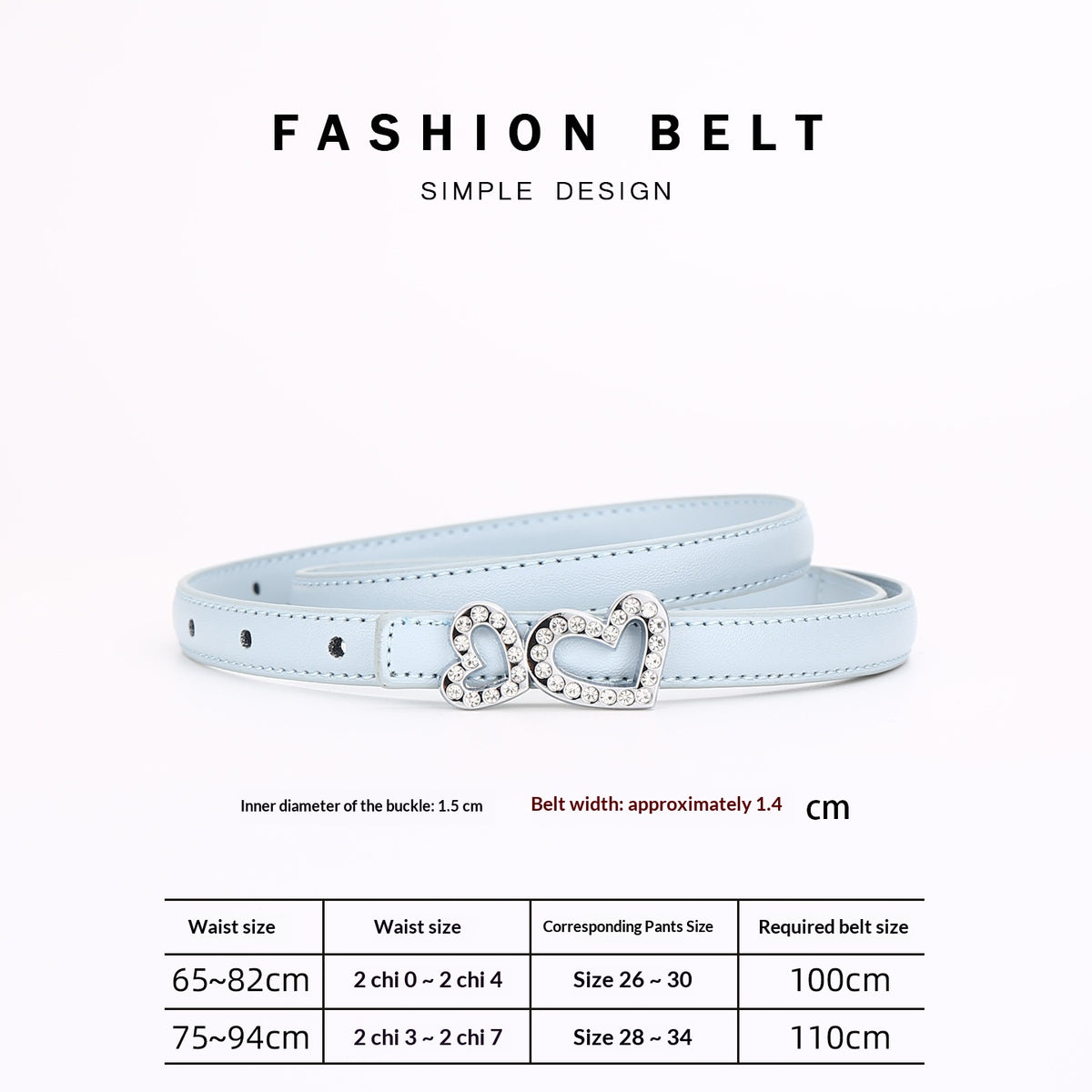 Ceinture fine en cuir, boucle deux cœurs sertis