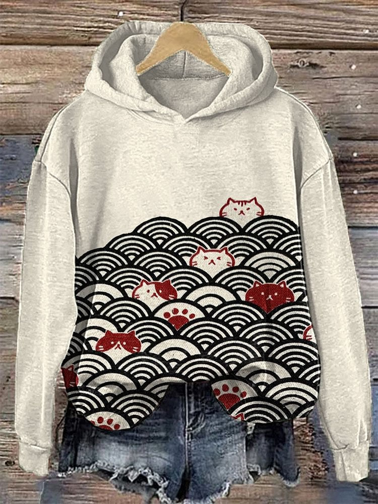 Sweat à capuche léger à imprimé japonais — baleine, chats, v — coloris