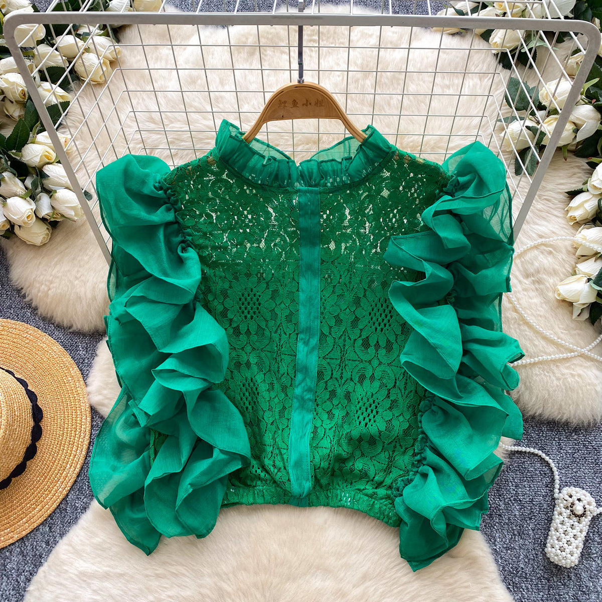 Top en dentelle à volants d’organza, taille unique