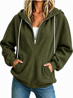 Sweat à capuche demi-zip — coupe ample, cordon de serrage