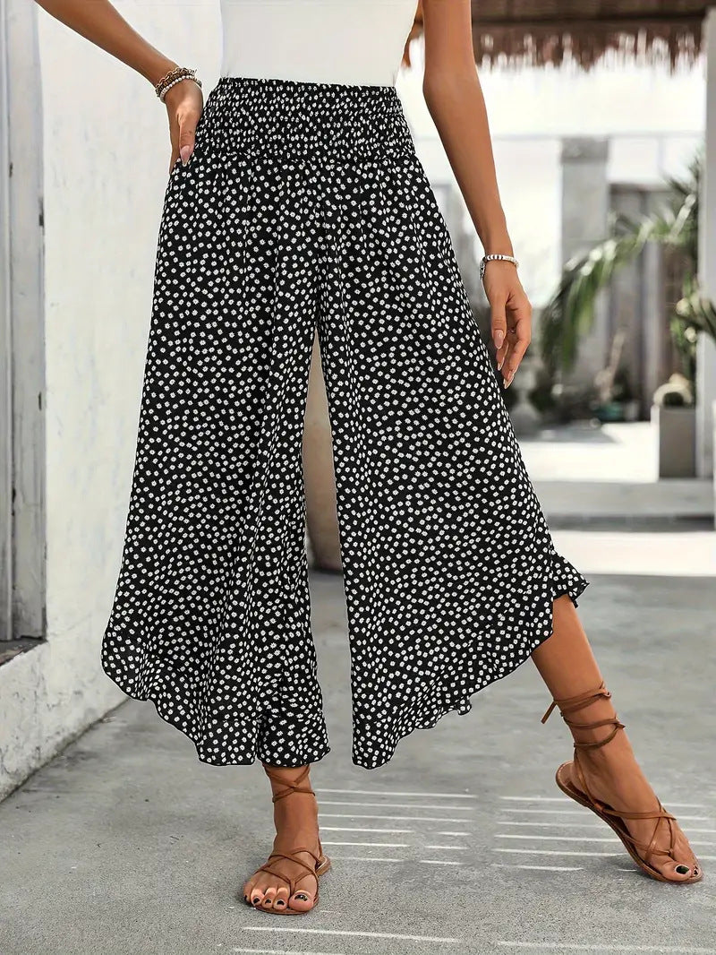 Pantalon large à pois, ourlet volanté