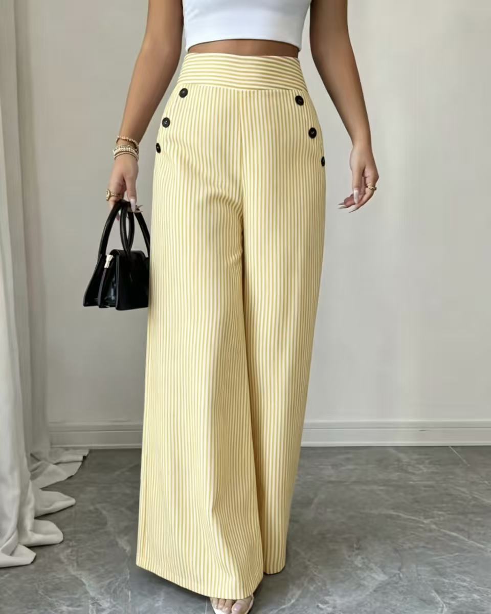 Pantalon large rayé, taille haute à boutons dorés — coloris