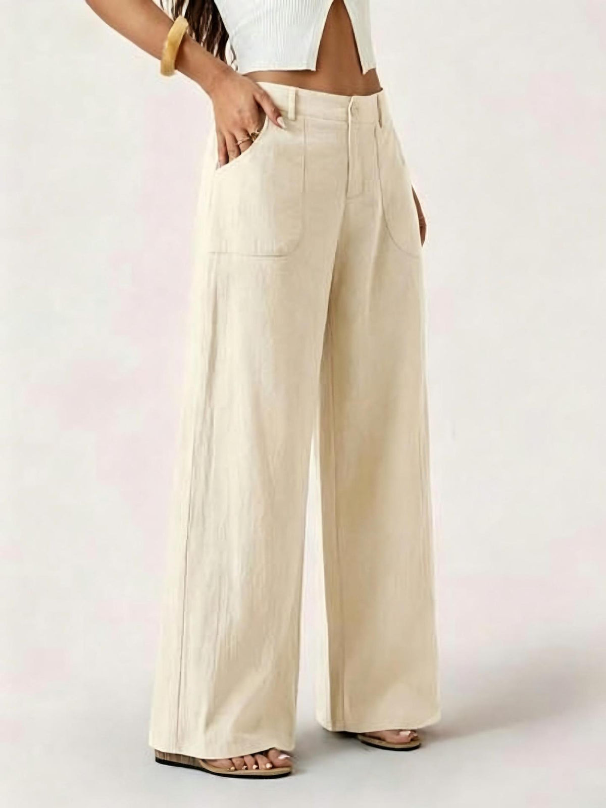 Pantalon large aspect coton-lin à poches plaquées — coloris