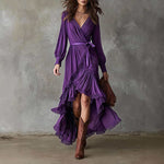 Robe longue portefeuille à volants asymétriques — coloris