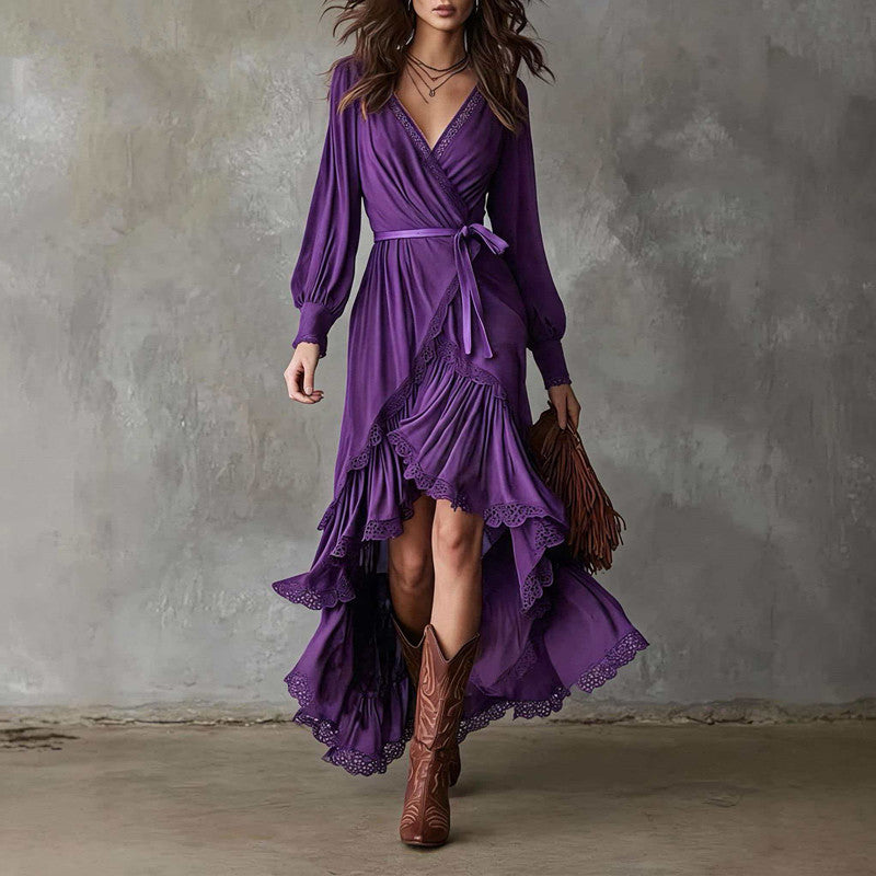 Robe longue portefeuille à volants asymétriques — coloris