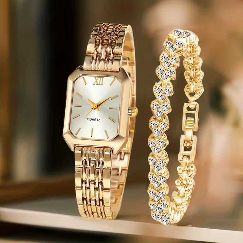 Parure montre carrée et bracelet à strass