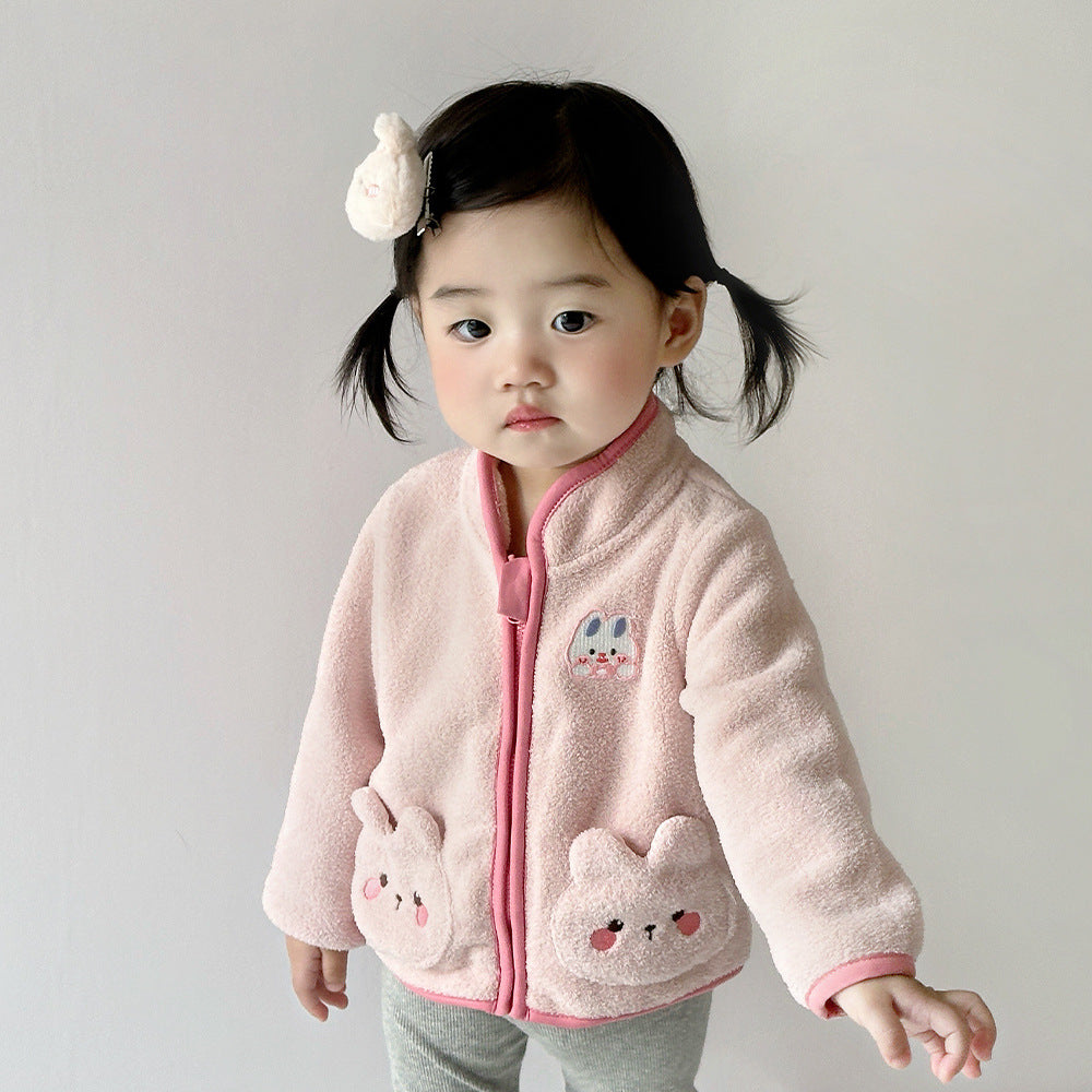 Veste polaire bébé fille à poches lapins — zippée, rose ou lilas