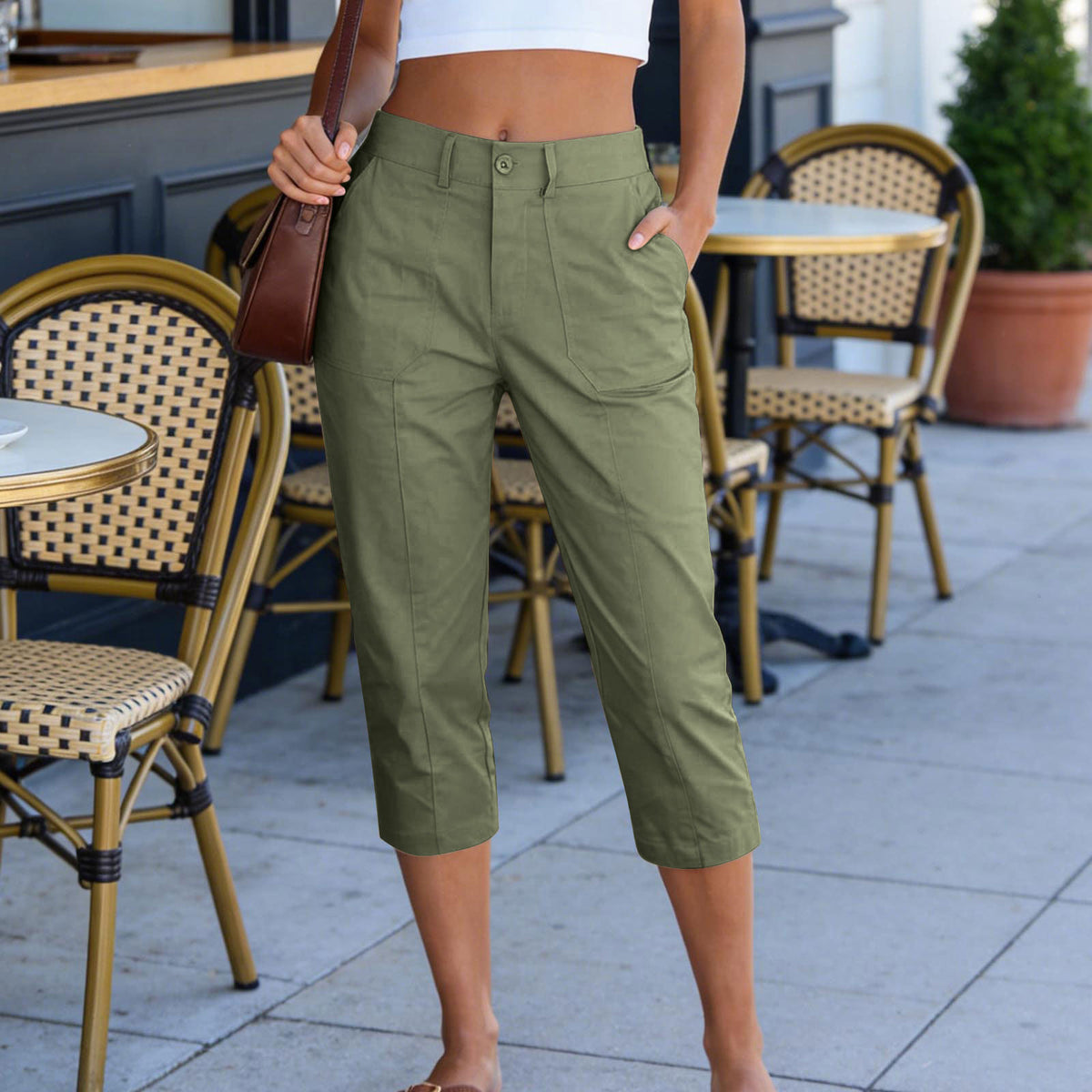 Pantalon femme taille haute à poches plaquées