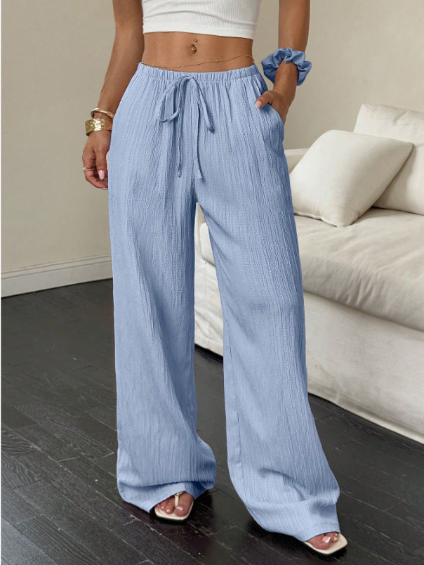 Pantalon large en gaze froissée, taille à cordon
