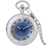 Montre de poche mécanique à couvercle ciselé et cadran bleu