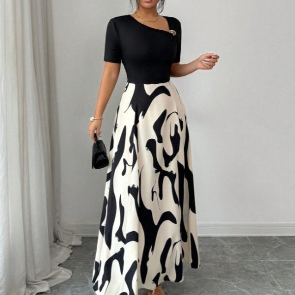Robe longue bicolore, haut uni et jupe imprimée