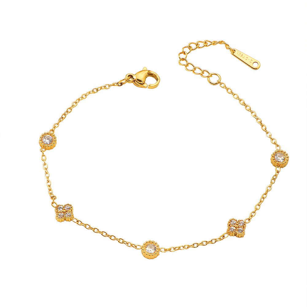 Bracelet fin plaqué or à motif fleur et zircons — acier inoxydable