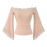 Top col Bardot à manches évasées bordées de dentelle — coloris