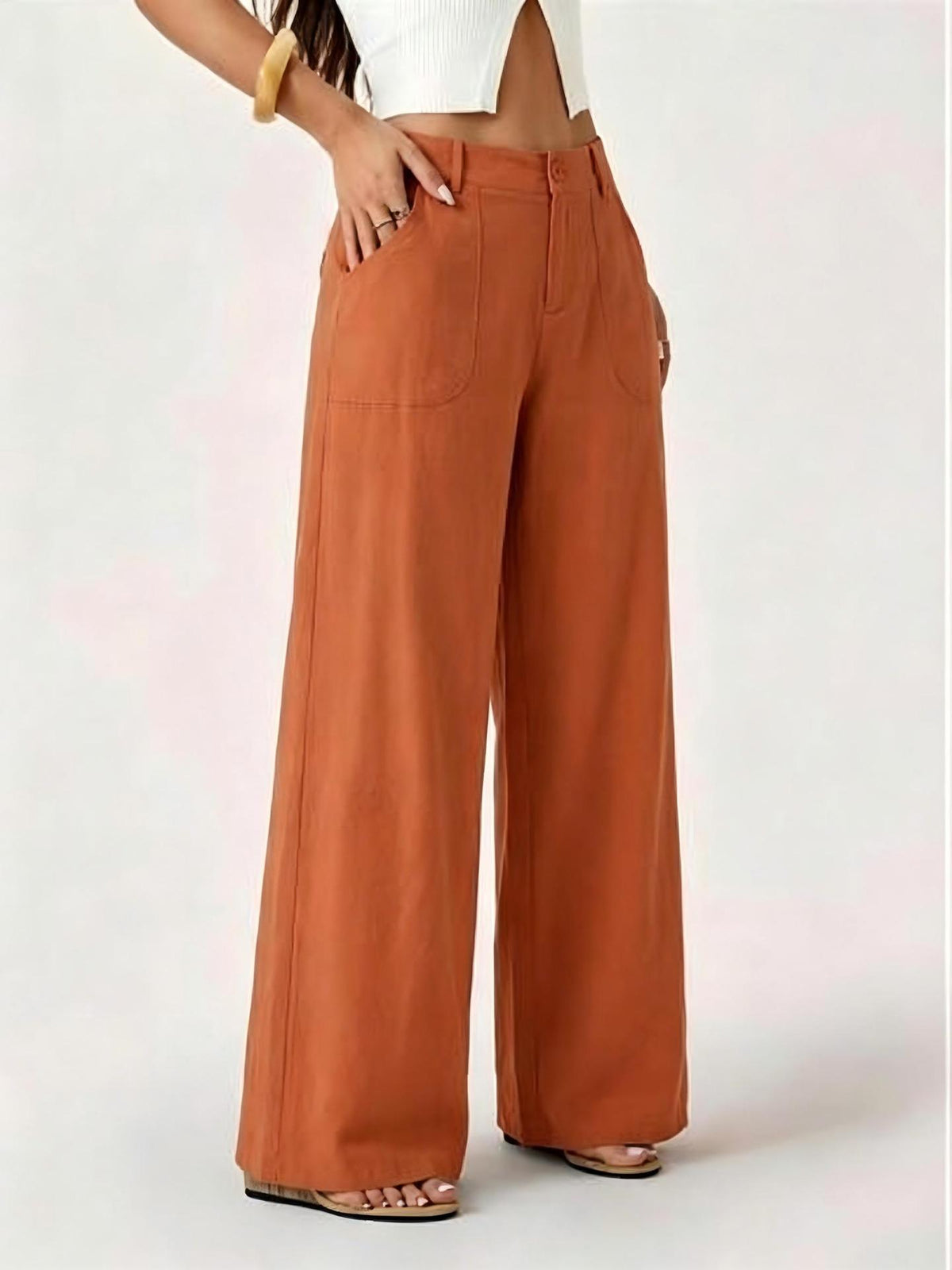 Pantalon large aspect coton-lin à poches plaquées — coloris
