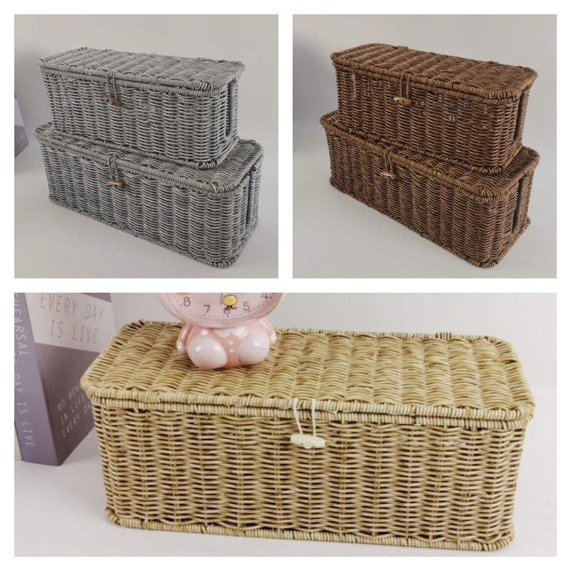 Panier de rangement à couvercle, effet rotin tressé